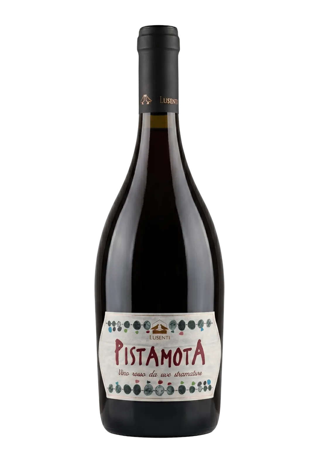 Bottiglia di Pistamota, rosso da uve stramature di Lusenti